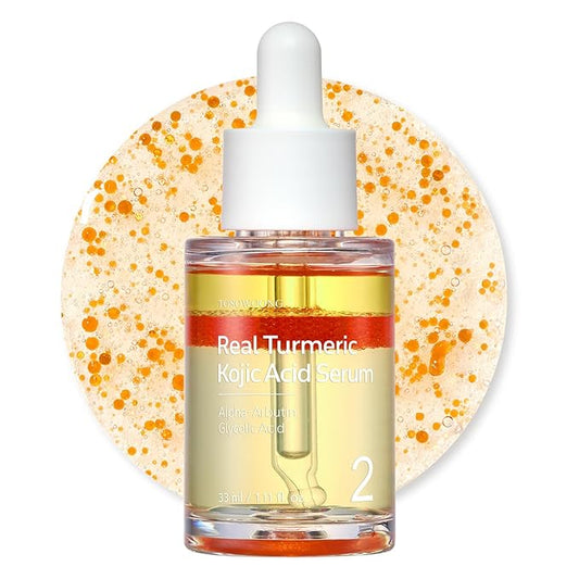 TOSOWOONG Real Turmeric Kojic Acid Serum, 7,000ppm Kojic Acid, 1,500ppm Turmeric, Alpha Arbutin, Astaxanthin, Glycolic Acid, Dark Spots, Freckle, Soothing, Calming, Korean Skin Care, 33ml/1.11 fl.oz.