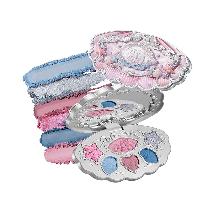 Flower Knows Shell's Jewel 6-Color Makeup Palette,Pink Blue Eyeshadow with 4 Matte + 2 Shimmer Shades,Blendable Smooth Cute Eye Makeup,0.23 Oz(02 Mermaid's Tears)