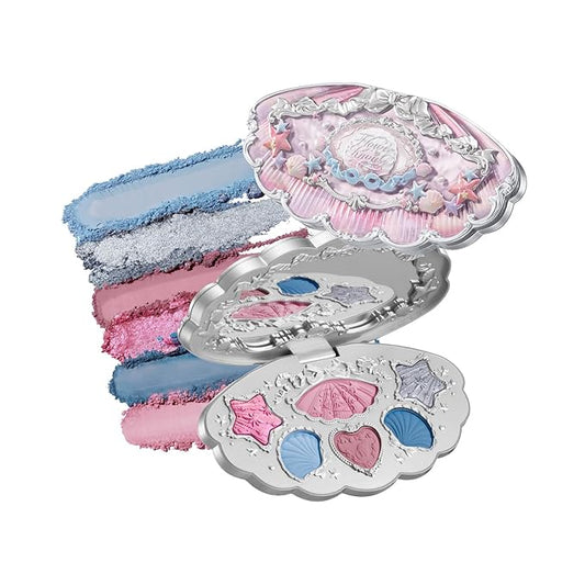 Flower Knows Shell's Jewel 6-Color Makeup Palette,Pink Blue Eyeshadow with 4 Matte + 2 Shimmer Shades,Blendable Smooth Cute Eye Makeup,0.23 Oz(02 Mermaid's Tears)