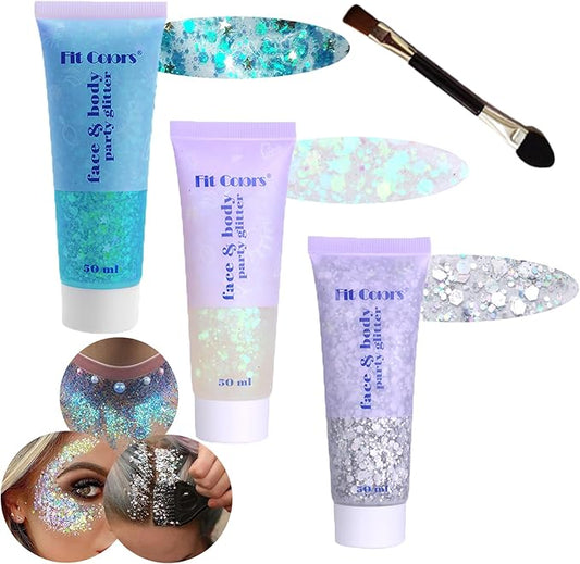 Body Glitter Face Glitter Gel: Singer Concerts Disco Festival Rave Accessories Face Glitter Makeup Chunky Sequins Mermaid Face Body Hair Glitter Gel (White&Silver&Lake Blue)