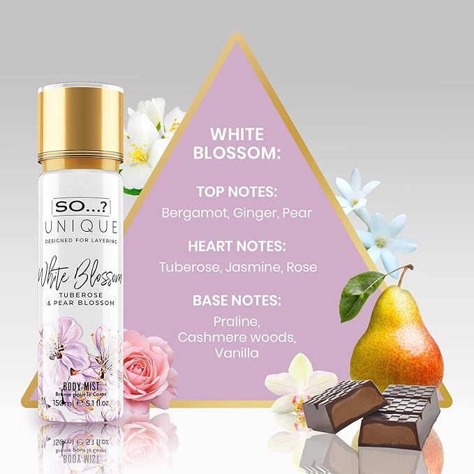 So...? Unique White Blossom Body Mist - Floral Vanilla Perfume for Women - Over 800 Sprays, Lasting 6 Hours - Ideal Gifts for Women - 5.1 oz