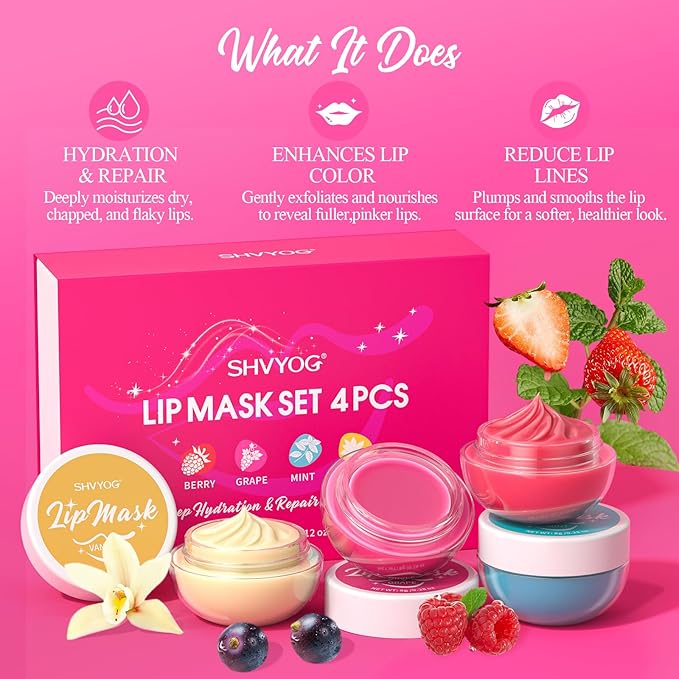 4 Pack Lip Mask Set, Hydrating Lip Mask Overnight - Berry, Grape, Mint, Vanilla Flavors, Lip Sleeping Mask Nourish Lip Balm with Vitamin C & Shea Butter | Dry Lips Care Gift