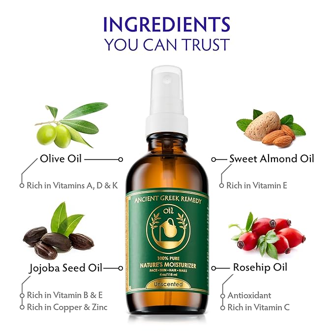 Ancient Greek Remedy Face Oil for Dry Skin - Organic Unscented Anti-Aging Facial Serum - Jojoba, Rosehip, Almond, Olive, Vitamin E - Fast Absorbing Hydrating Body Moisturizer for Women & Men 4 oz