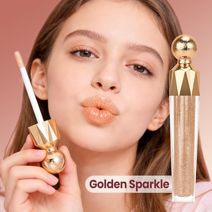 Shimmering Lip Gloss, High-Shine Moisturizing Lip Oil for Plumping, Non-Sticky Sparkling Lip Glow Oil, Long Lasting Hydrating Lip Balm for Dry Lips, Ultra-Glossy Finish(06#Golden Sparkle)