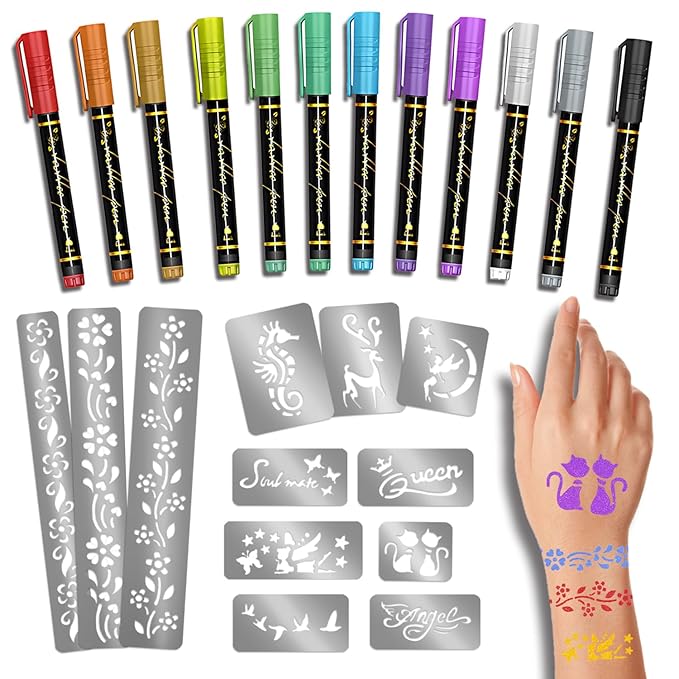 Temporary Tattoo Markers for Skin, 12 Metallic Markers Assorted Colors + 160 Tattoo Stencils for Kids Adults Women Men Body Marker Set