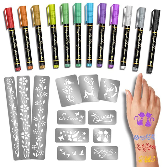 Temporary Tattoo Markers for Skin, 12 Metallic Markers Assorted Colors + 160 Tattoo Stencils for Kids Adults Women Men Body Marker Set