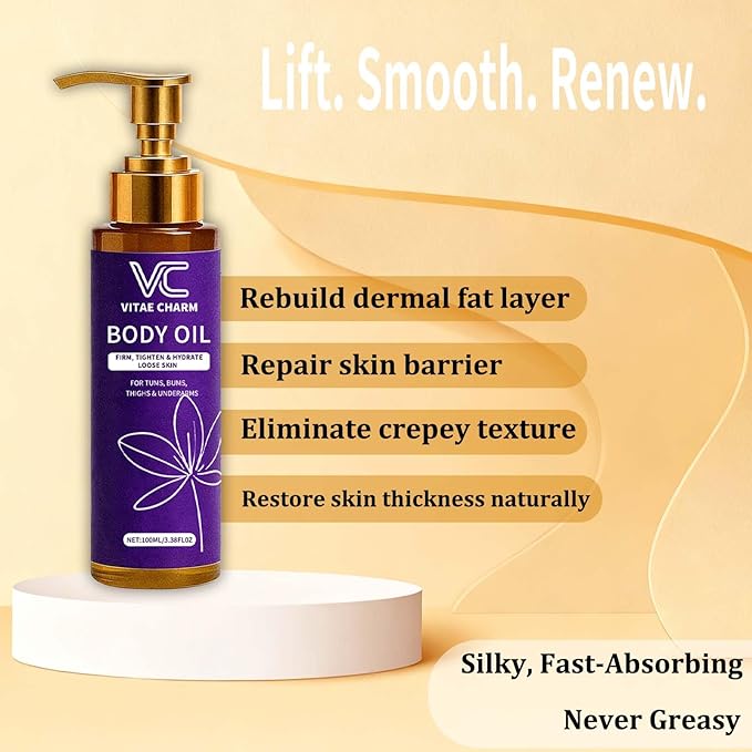 Vitae Charm Body Oil, – Restore Skin Volume, Smooth Crepey Texture & Strengthen Barrier – Jojoba, Sweet Almond, Avocado & Coconut Oil Blend – Deep Nourishing Body Moisturizer, 3.4 fl oz (1pc)