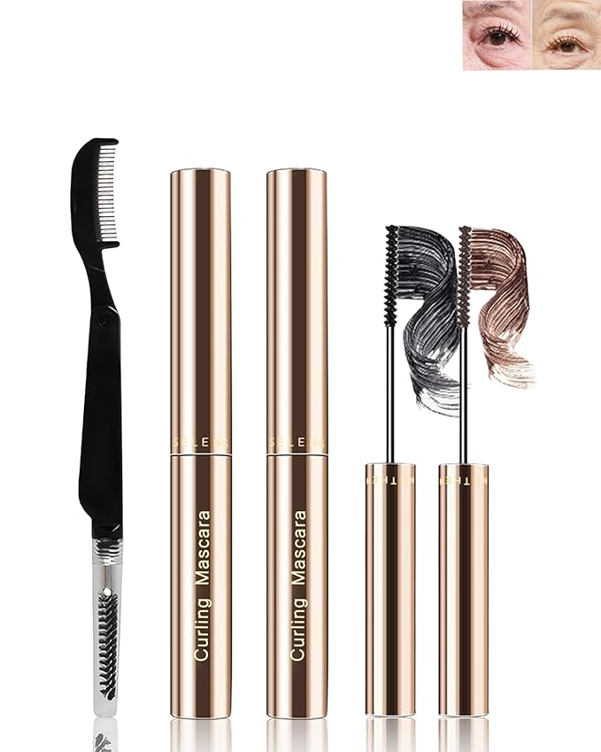 2PCS Black Brown Mascara for Older Women with Fine Short Lash,Extreme Length and Volume Waterproof Mascara Smudge-Proof,Ultra-Precise Slim Adjustable Brush Hypoallergenic for Mature Sensitive Eyes