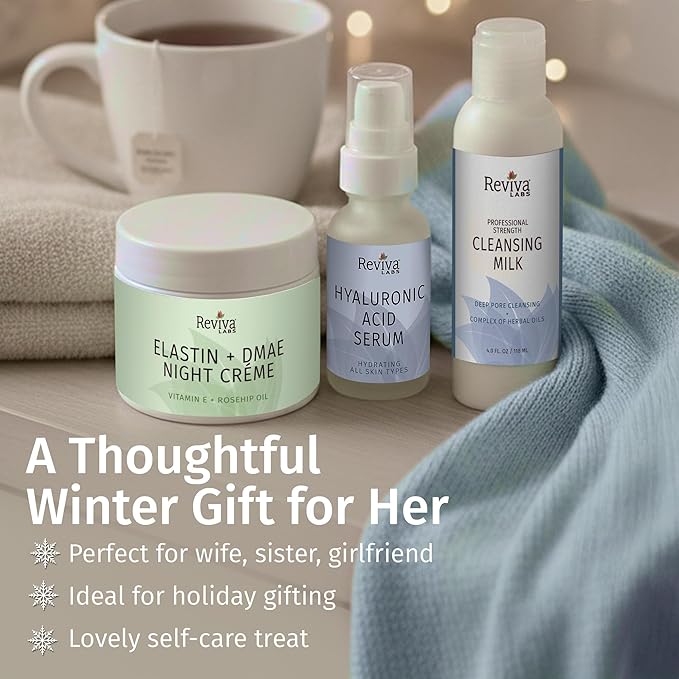 Reviva Labs Winter Renewal Skincare Gift Set – 3-Pc Face Care Kit with Cleansing Milk, Hyaluronic Acid Serum, and Elastin + DMAE Night Creme – Cleansing, Moisturizing & Firming Skincare Set for Women