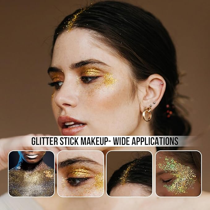 Brzeaf Waterproof Gold Glitter Stick,Christmas Face Glitter Makeup, Shimmery & Long Lasting, Chunky Glitter for Face/Body/Hair/Eyes/Lip, Singer Concert Music Rave Festival