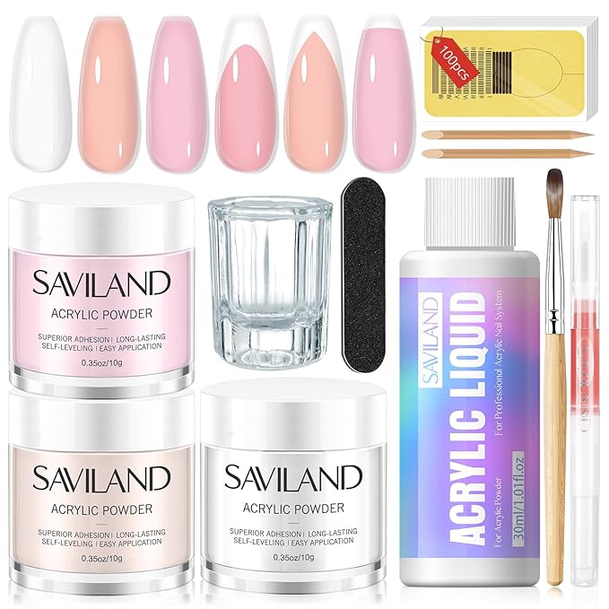 SAVILAND Acrylic Nail Kit for Beginners: Clear Nudes Pink Acrylic Powder and Liquid Set with #12 Acrylic Nail Brush Cuticle Oil Pen Forms Tools Extension Nail Kit with Everything Home DIY