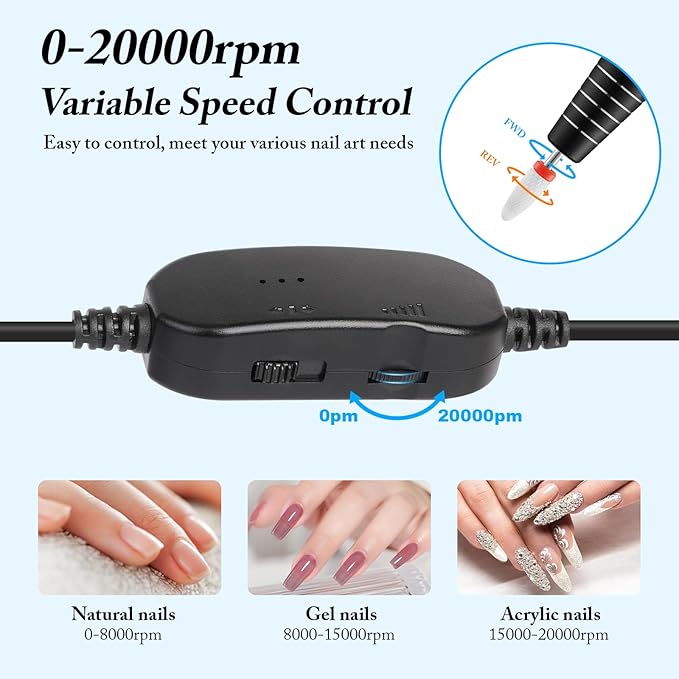 QPVZX Electric Nail Drill, Ultra-Quiet Low Vibration Electric Nail File, Portable Electric Nail File for Crystal Gel Nails, Manicure and Pedicure Tools Polishing Set for Home and Salon Use (Black Set)