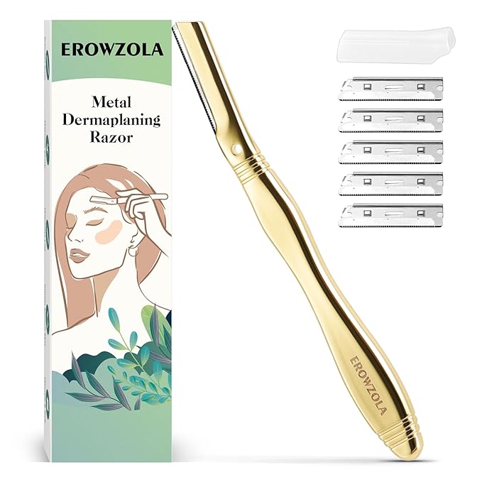 EROWZOLA Eyebrow Razor for Women and Men, Face Razors for Women, Dermaplane Razor with Protective Silicone Cover, Reusable Metal Handle with 6 Refill Blades, Skin Care Tool, Gold