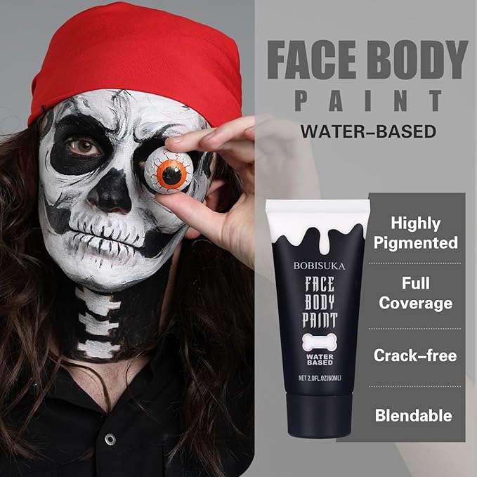BOBISUKA White Face Body Paint, Water Based Face Painting for Art Theater Halloween Party Cosplay Clown SFX Makeup for Women Adults, Non-Toxic Washable