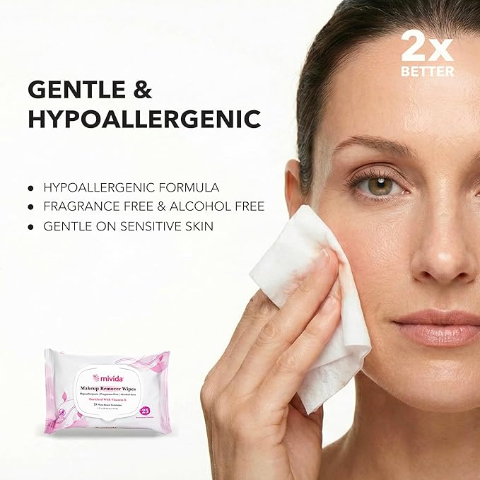 mivida Hypoallergenic Makeup Remover Wipes Bulk with Vitamin E, 250 count (10×25) Value box, Alcohol Free, Fragrance Free Makeup Wipes for Sensitive Skin, Travel Size Plant Based Facial Towelettes