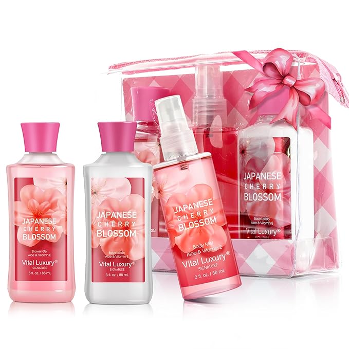 Vital Luxury Bath and Body Gift Set for Women and Girls, Japanese Cherry Blossom Spa Set With Natural Extracts-Shower Gel, Body Lotion, Body Mist, Body Care Travel Set for Birthday Mother's Day Gifts