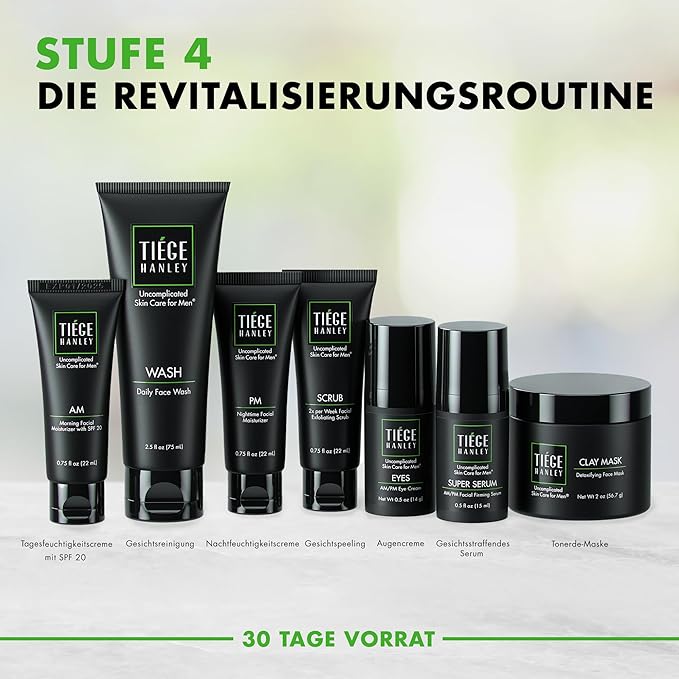 Tiege Hanley Skin Care Set for Men, Revitalization Routine, System Level 4, Face Wash, Scrub, Moisturizers, Eye Cream, Serum, & Clay Mask for Healthy, Hydrated Skin, Men’s Skin Care, 7 Piece Kit