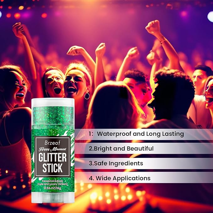 Brzeaf Waterproof Christmas Green Glitter Stick, Chunky Glitter for Face/Body/Hair/Eyes/Lip, Singer Concert Music Rave Festival, Glitter Stick Makeup & Face Glitter Gel for Women Men 0.56 OZ