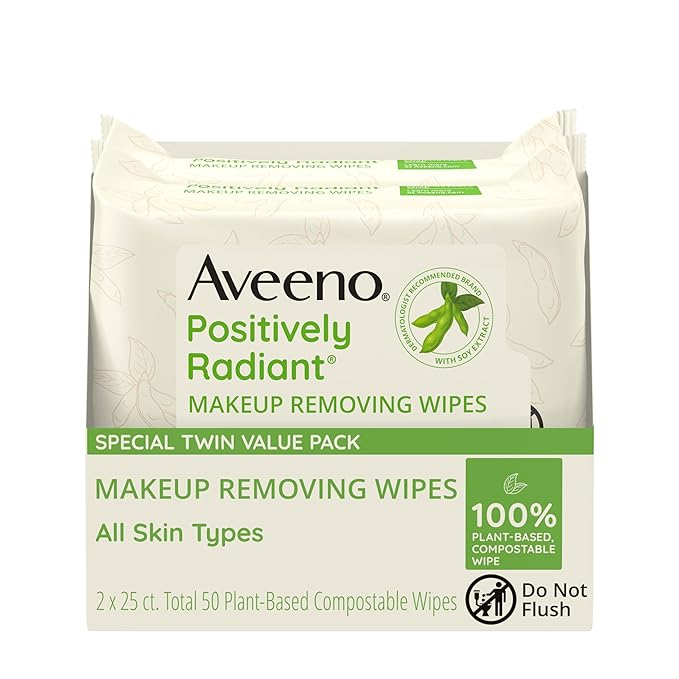 Aveeno Positively Radiant Alcohol Free Makeup Removing Face Wipes, Gentle Non-Comedogenic Facial Cleansing, 100% Plant Based Home Compostable, Sulfate Free, 50 Count (2 Packs of 25)