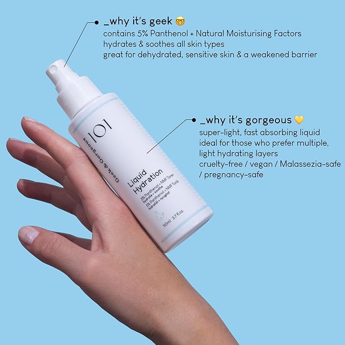Geek & Gorgeous – Liquid Hydration – Lightweight Toner Mist with 5% Panthenol & Natural Moisturizing Factors – Hydrates & Soothes All Skin Types – 1 oz