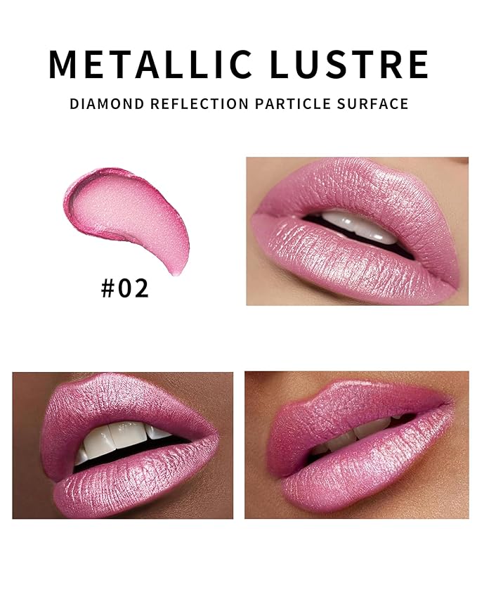 Glitter Metallic Shimmer Coral Nude Pink Lipstick Long Lasting,Diamond High Pigmented Red Metallic Matte Liquid Lipstick Non-stick Lip Gloss,Transferproof Lip Color Lip Stick Makeup for Women-02