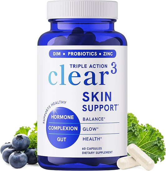 Clear Skin Supplement with Zinc, DIM & Probiotics | 3-in-1 Balance, Glow & Health Skin Support | Triple Action Hyaluronic Acid, Niaciminide & Vitamins for Hormone, Complexion & Gut Support | 60 Ct
