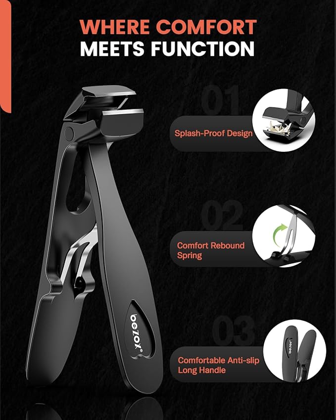 BEZOX Angled Head Toe Nail Clippers for Thick Nails – Straight Blade Toenails Clipper for Seniors, Ergonomic Nail Cutters with Catcher, Heavy-Duty Nail Trimmer - Black