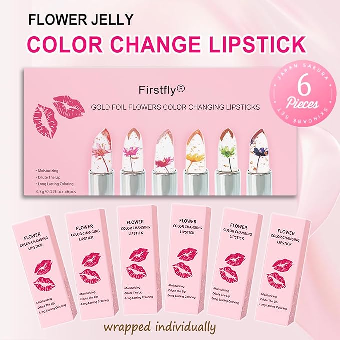 firstfly Pack of 6 Crystal Flower Jelly Lipstick, Long Lasting Nutritious Lip Balm Lips Moisturizer Magic Temperature Color Change Lip Gloss (Pink)