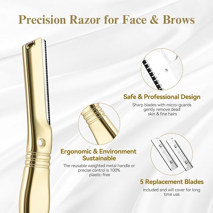 EROWZOLA Eyebrow Razor for Women and Men, Face Razors for Women, Dermaplane Razor with Protective Silicone Cover, Reusable Metal Handle with 6 Refill Blades, Skin Care Tool, Gold