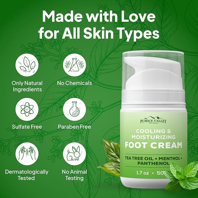 Pumice Valley 2 Pack Foot Cream for Dry Cracked Feet and Heels - Natural Moisturizer, Corn, Calluses Treatment - Skin, Body Lotion, Panthenol, Tea Tree Oil, Menthol 1.7 Oz