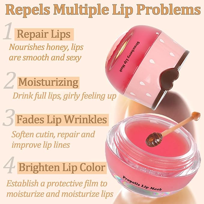 3 PCS Bee Lip Balm Lip Mask Honey Pot, Honey & Strawberry & Watermelon Lip Sleeping Mask Overnight Moisturizing Honey Lip Balm, Hydrating Prevention Dry & Cracked Lip Scrubs Lip Care