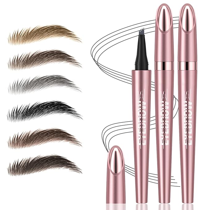2Pcs Microblading Eyebrow Pen, Long-Lasting Waterproof Eyebrow Pencil with 4-Fork-Tip for 3D Realistic Brow, Easily Create Natural Hair-Like Brow Last All-Day, Eye Brow Pencils for Women -Gray