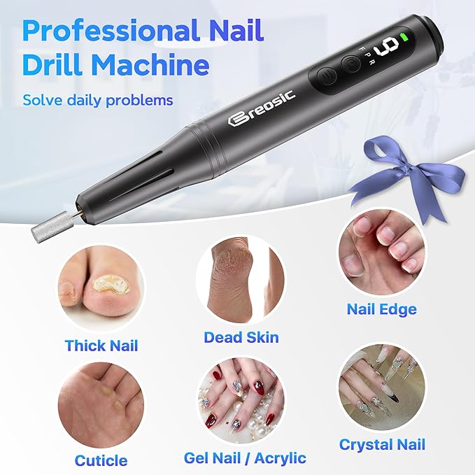 Breosic Electric Nail Drill,12-in-1 Nail File Portable 35000RPM,USB-Rechargeable Cordless Nail Drill Professional with 9-Speed & LED Display Manicure Pedicure Nail Kits forGel Nails & Acrylic(Gray)