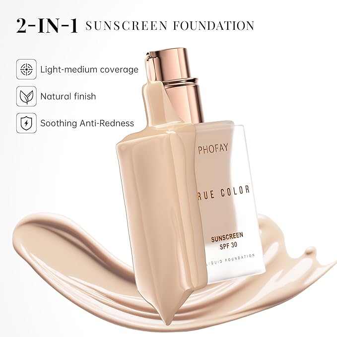 PHOFAY Matte Sunscreen Liquid Foundation SPF 30 (1.02 fl oz) - Long-Wearing Oil-Control, Concealing & Non-Greasy Buildable Coverage, Suitable for Most Skin Types, Daily & Outdoor Use (01#)
