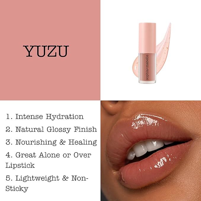 Sophia + Mabelle Hydrating Fruit Lip Oil – Lightweight, Non-Sticky, Tinted Gloss Oil – Nourishing, High-Shine, Flavored Lip Treatment – Yuzu, Lychee, Mango – 3.7g (Yuzu (Nude), Standard)