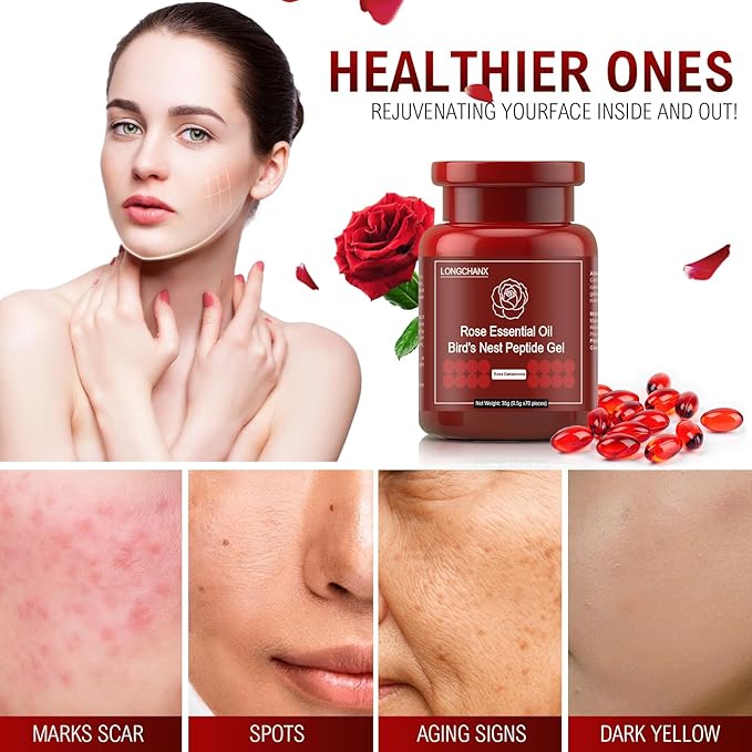 LONGCHANX Rose Essential Oil Gel, Face Oils, Face Moisturizer for Women, Organic Essential Oils for Face, Skin Care 35g(70 Pcs)