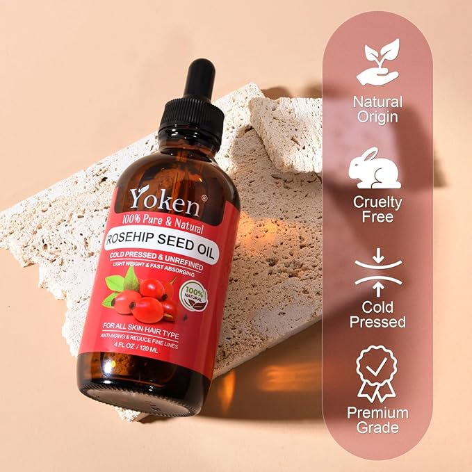 Yoken Rosehip Seed Oil for Face 4 fl oz 100 Pure & Natural Cold Pressed Unrefined Organic Rosehip Oil for Skin, Hair, Nails, Anti-Aging Facial & Gua Sha oil