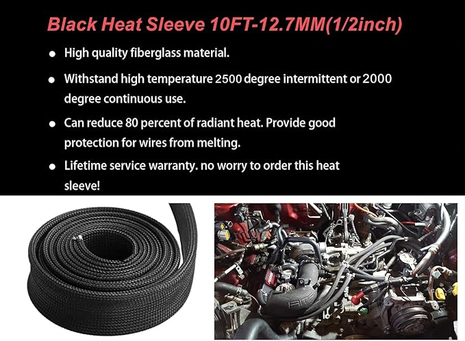 Heat Shield Sleeve Fuel Line Heat Shield Auto Hose Spark Plug Wire Cover Protectors Boots Roll 2500 Degree for Car&Auto Wire Loom Brake Cable (1/2" IDX10', BLACK)