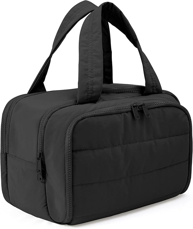 Travel Toiletry Bag for Women, Large Wide-open Puffy Cosmetic Makeup Bag with Wet-Dry Separation, Multi-Pocket Organizer with Carry Handle for Toiletries, Cosmetics, Essentials, Black