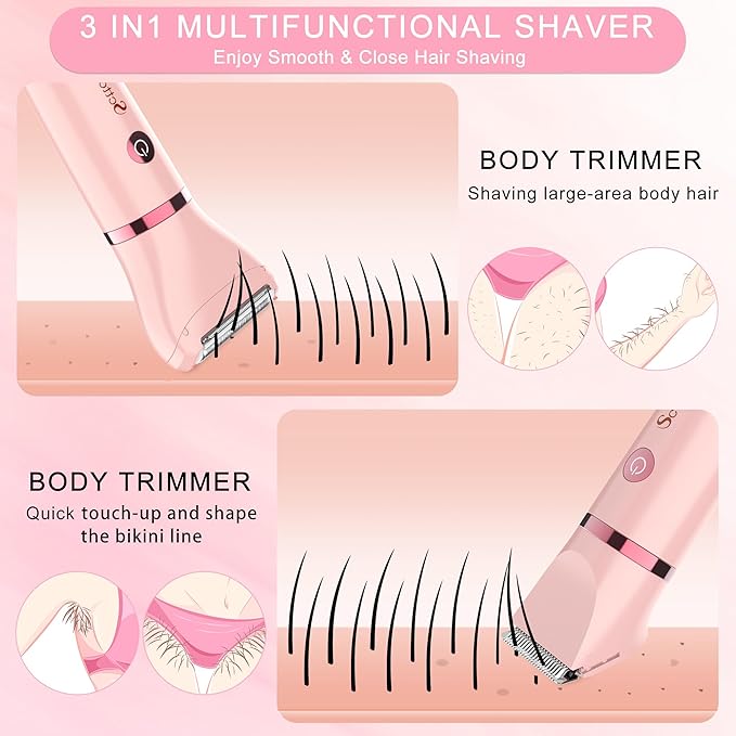Scttomon Electric Lady Shaver for Women - Painless Razor, Bikini Trimmer, Facial Hair Removal, Body Trimmer for Face, Legs, Underarm, Pubic - Wet and Dry Flawless 3 in 1