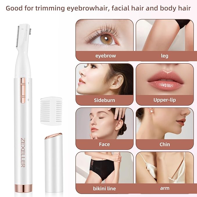 ZEXELLER Upgraded Eyebrow Trimmer, Precision Facial Hair Trimmer with Comb, Battery Operated Painless Electric Eyebrow Razor Facial Hair Remover Face Chin Neck, Upper-Lip, Peach-Fuzz