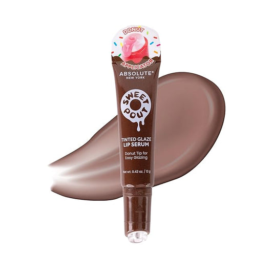 Absolute New York Sweet Pout Tinted Glaze Lip Serum, Donut Tip Applicator, Hydrating Formula with Peptides, Vitamin E and Jojoba Seed Oil (Cocoa Dip)