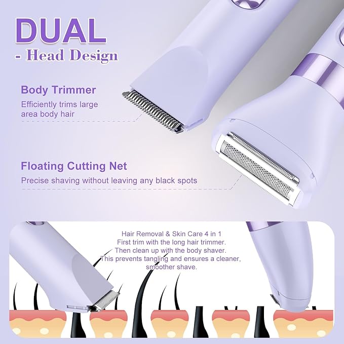 Hatteker 4-in-1 Women's Electric Razor, Dual-Head Body Hair Trimmer for Women, IPX7 Waterproof Rechargeable Bikini Trimmer & Facial Hair Remover for Legs, Armpits, Face, Nose, Eyebrows, Purple