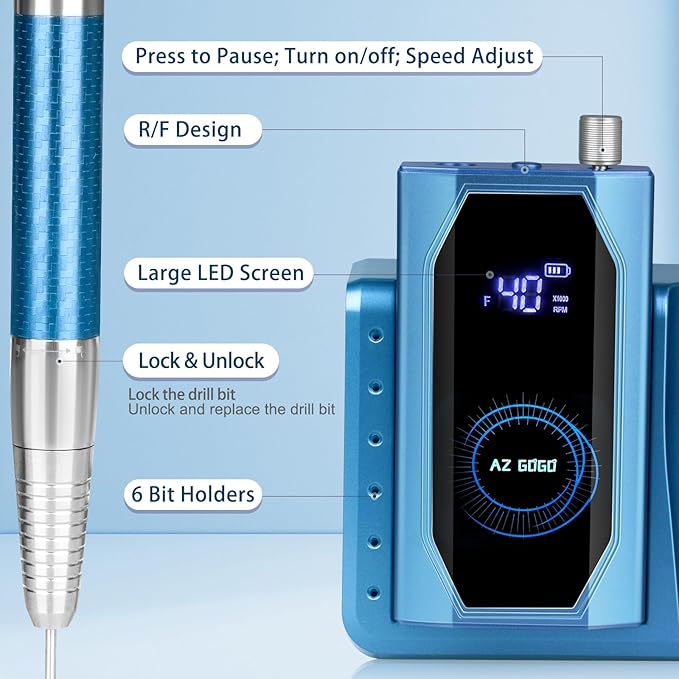 Professional Brushless Nail Drill, AZ GOGO 85W Cordless Electric Nail File 40000RPM Rechargeable Portable Nail Drill Machine for Gel/Acrylic Nails Salon Level (Blue)