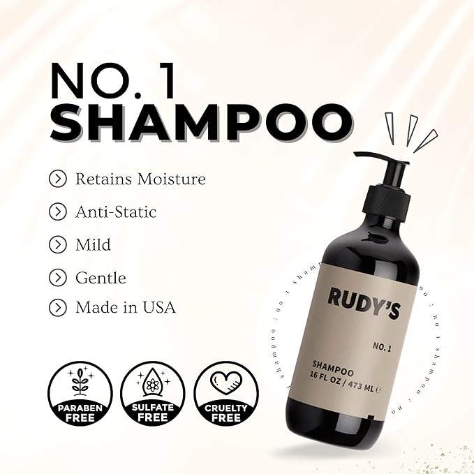 Rudy's No. 1 Moisturizing Shampoo | Natural Ingredients w/Coconut Oil, Paraben & Sulfate Free - All Hair Types for Men & Women (16 fl oz)