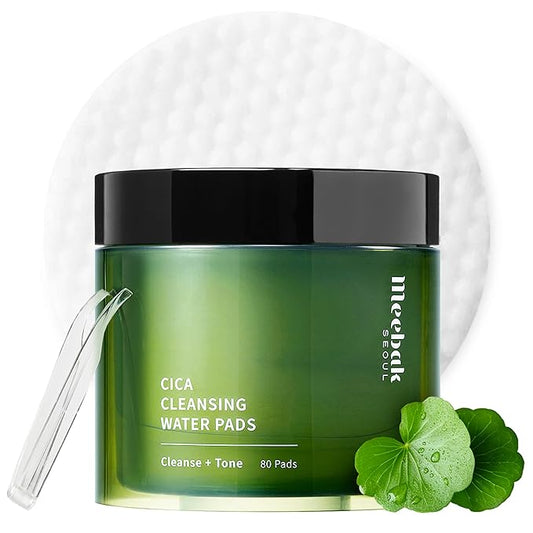 Meebak Cica Cleansing Water Pads | Korean Makeup Remover Wipes | Micellar Water Makeup Remover Wipes | Exfoliating Toner Pads for Glass Skin | Hydrating & Calming for Sensitive Skin - 80ct