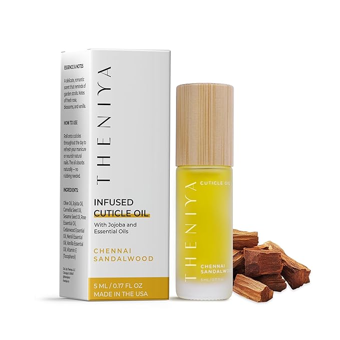 Theniya Cuticle Oil for Nail Strengthening and Growth – Hydrating, Vegan, Organic Formula with Jojoba & Vitamin E | 3 Signature Fragrances | 5mL Roll-On (0.17 Fl Oz, Sandalwood Fragrance)
