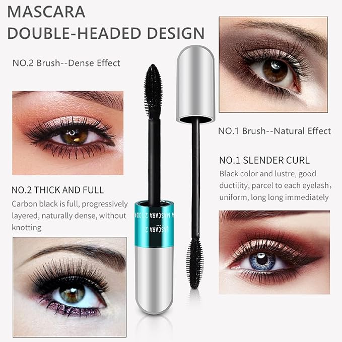 2 in 1 4D Silk Fiber Lashes 5x Longer Waterproof Mascara, No Clumping Long-lasting Black Mascara