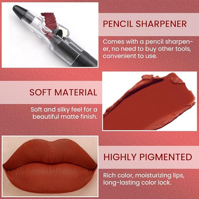 Brownish Red Matte Lip Liner Crayon with Sharpener - Waterproof Smudgeproof Long-Wear Lip Pencil, Creamy Pigmented Lip Crayon for Women, 12HR Stay Silky Velvet Lip Liner 12#