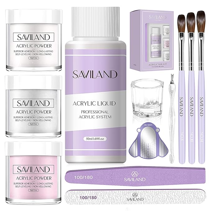 SAVILAND Acrylic Nail Kit Starter Set: Acrylic Nail Kit for Beginners with Everything White Pink Clear Acrylics Powder and Liquid Set #8/10/14 Nail Brush Forms Manicure Tools Home Nail Salon DIY